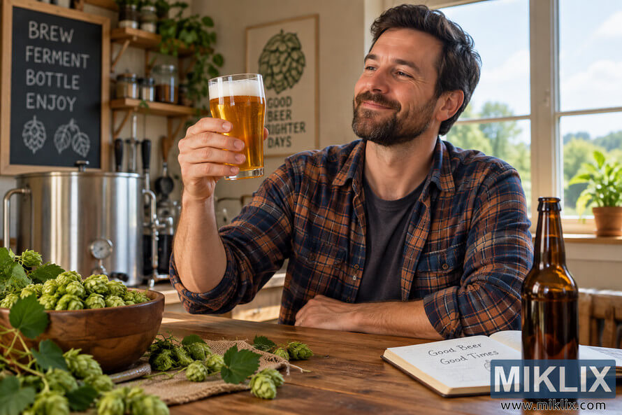 Homebrewer smiling as he holds up a glass of golden finished beer in a sunlit home brewery, with fresh green hops, brewing equipment, a notebook, and an unbranded amber bottle on a wooden table.