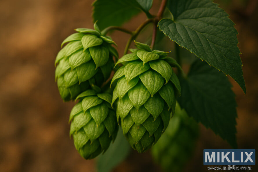 Naby-opname van Kanadese Rooiwyn-hopbolle wat aan rooierige hophoupe hang.