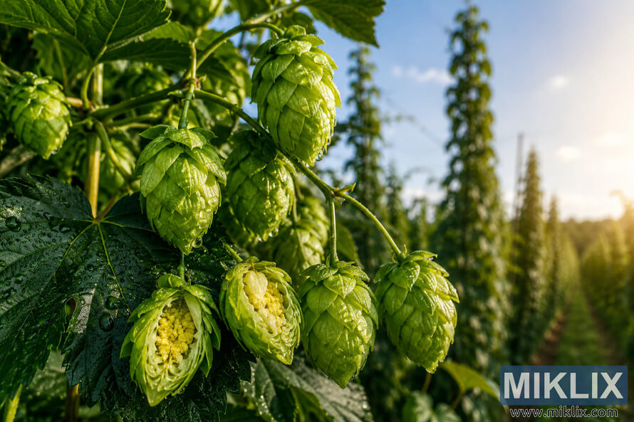 Close-up of dew-covered green Early Prolific hop cones on a vine, with one cone open to show yellow lupulin and a sunny hop field blurred in the background. Close-up of dew-covered green Early Prolific hop cones on a vine, with one cone open to show yellow lupulin and a sunny hop field blurred in the background.
