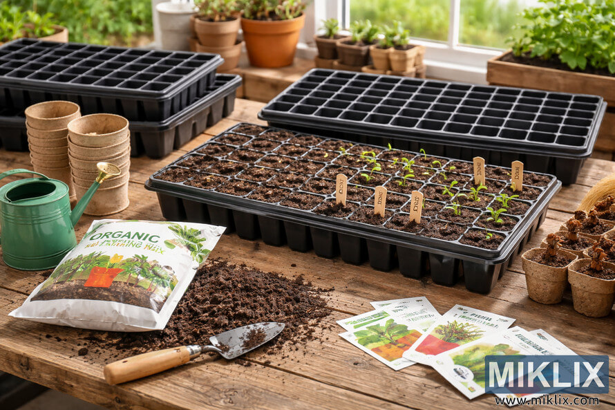 Seed starting trays, potting mix, seed packets, and gardening tools arranged on a wooden table in a bright greenhouse. Seed starting trays, potting mix, seed packets, and gardening tools arranged on a wooden table in a bright greenhouse.