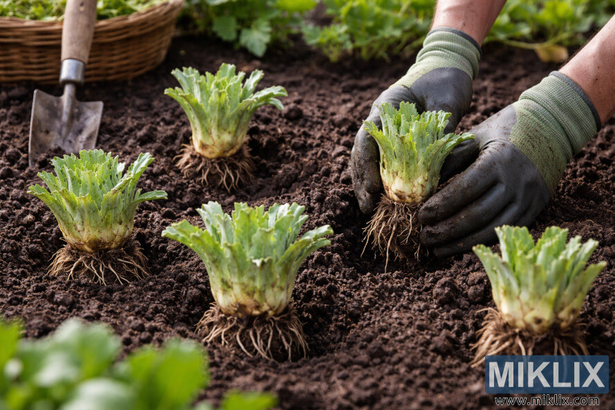 Gardener planting artichoke crown divisions into dark garden soil, with roots and green leaves clearly visible