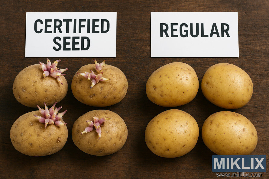 Side-by-side comparison of certified seed potatoes with sprouting eyes and regular grocery store potatoes on a wooden surface