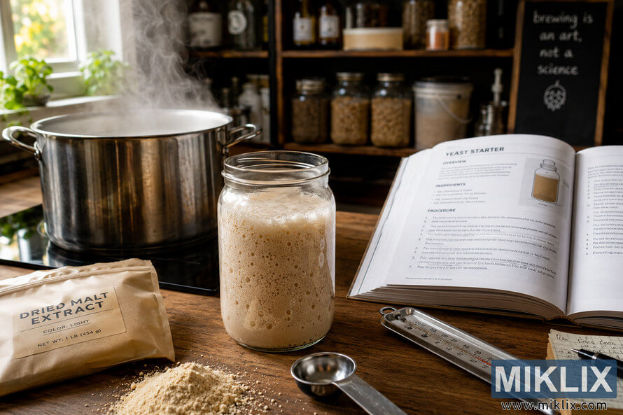 A warm kitchen countertop scene featuring a bubbling yeast starter in a glass jar surrounded by dried malt extract, a thermometer, and brewing tools, with a steaming stainless steel pot and an open brewing recipe book in soft natural light. A warm kitchen countertop scene featuring a bubbling yeast starter in a glass jar surrounded by dried malt extract, a thermometer, and brewing tools, with a steaming stainless steel pot and an open brewing recipe book in soft natural light.