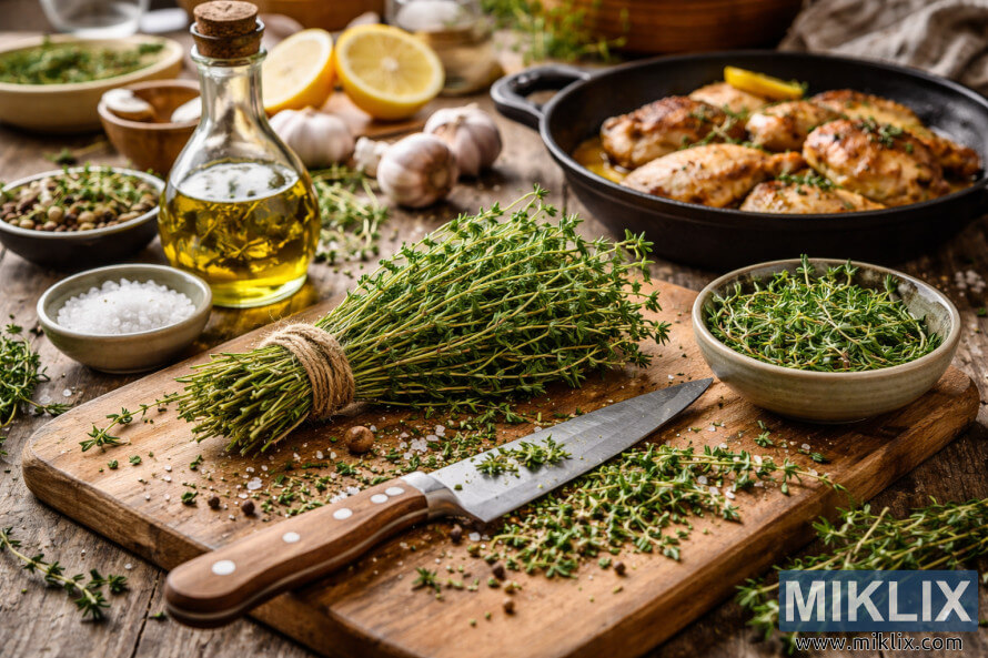 Tomilho fresco em uma tÃ¡bua de madeira com azeite, alho e frango assado em uma frigideira, em uma cozinha rÃºstica e aconchegante.
