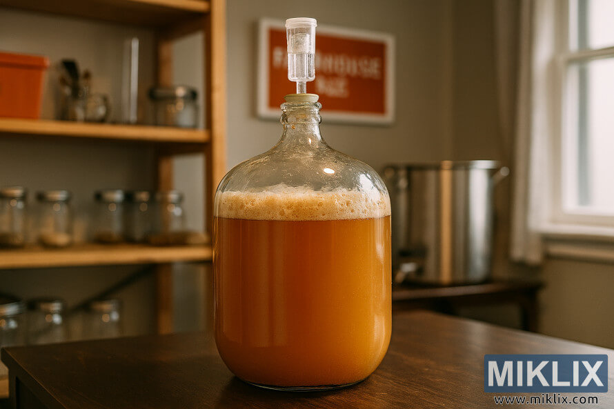 Botol kaca yang memfermentasi bir pertanian Norwegia di atas meja pedesaan dalam pengaturan pembuatan bir rumahan