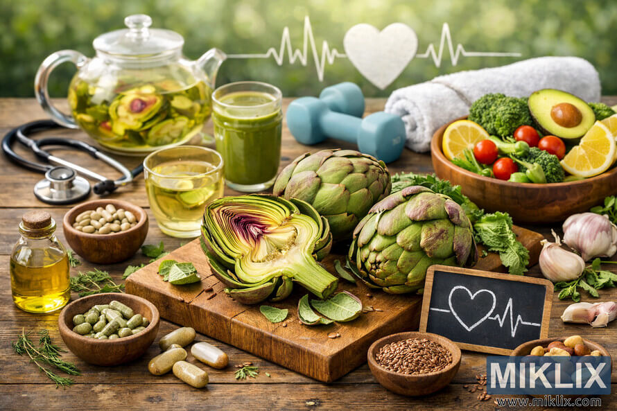 A vibrant still life featuring fresh artichokes surrounded by health-related items such as tea, smoothie, vegetables, and fitness accessories, symbolizing comprehensive wellness benefits. A vibrant still life featuring fresh artichokes surrounded by health-related items such as tea, smoothie, vegetables, and fitness accessories, symbolizing comprehensive wellness benefits.