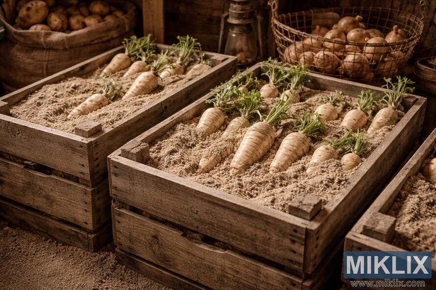 Parsnips placed in wooden crates filled with sand inside a cool rustic cellar with potatoes and onions stored nearby