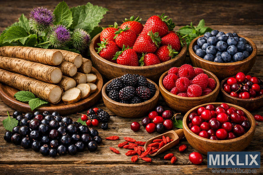 A high-resolution landscape photograph showing burdock roots and assorted antioxidant-rich berries arranged on a rustic wooden table. A high-resolution landscape photograph showing burdock roots and assorted antioxidant-rich berries arranged on a rustic wooden table.