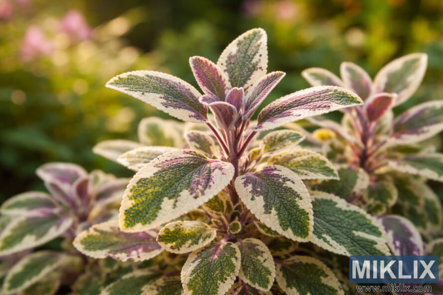 Gros plan sur des feuilles de sauge tricolores montrant des variations vertes, crÃ¨me et roses brillant sous la lumiÃ¨re chaude du jardin.