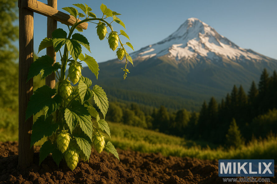 Une plante de houblon vibrante poussant sur un treillis en bois avec le mont Hood enneigÃ© en arriÃ¨re-plan sous la lumiÃ¨re dorÃ©e du soleil.