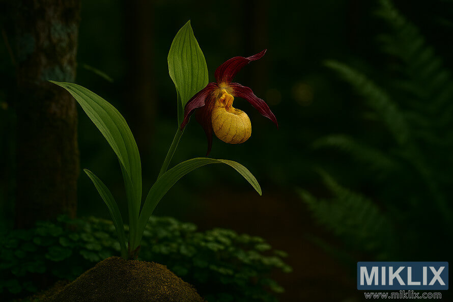 OrchidÃ©e Yellow Ladyâs Slipper avec des pÃ©tales bordeaux fleurissant dans un jardin forestier ombragÃ© avec mousse et fougÃ¨res