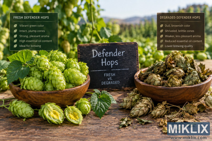 Side-by-side comparison of fresh and degraded Defender hops in wooden bowls. Fresh hops on the left are vibrant green, plump, and intact, while degraded hops on the right are dull brown-green, shriveled, brittle, and fragmented. A central chalkboard reads âDefender Hops â Fresh vs. Degraded,â with information panels summarizing differences in color, aroma, essential oils, and brewing quality. Side-by-side comparison of fresh and degraded Defender hops in wooden bowls. Fresh hops on the left are vibrant green, plump, and intact, while degraded hops on the right are dull brown-green, shriveled, brittle, and fragmented. A central chalkboard reads âDefender Hops â Fresh vs. Degraded,â with information panels summarizing differences in color, aroma, essential oils, and brewing quality.