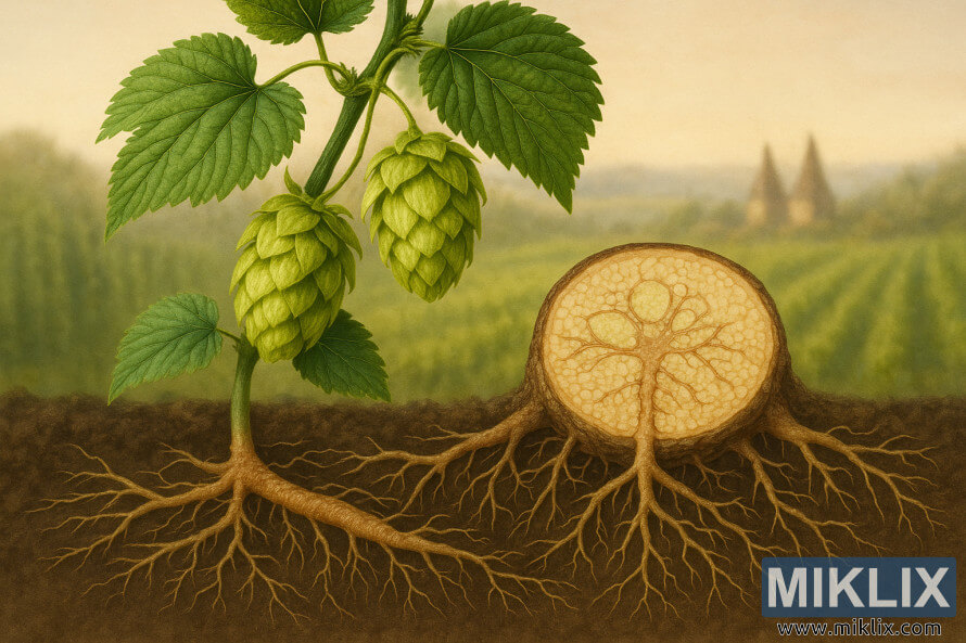 Detaljerad illustration som visar en Merkur-humleplanta med grÃ¶na blad och kottar ovanfÃ¶r marken, och ett tvÃ¤rsnitt av dess rhizom och rÃ¶tter nedanfÃ¶r, mot suddiga humlefÃ¤lt och ugnar i varmt ljus.