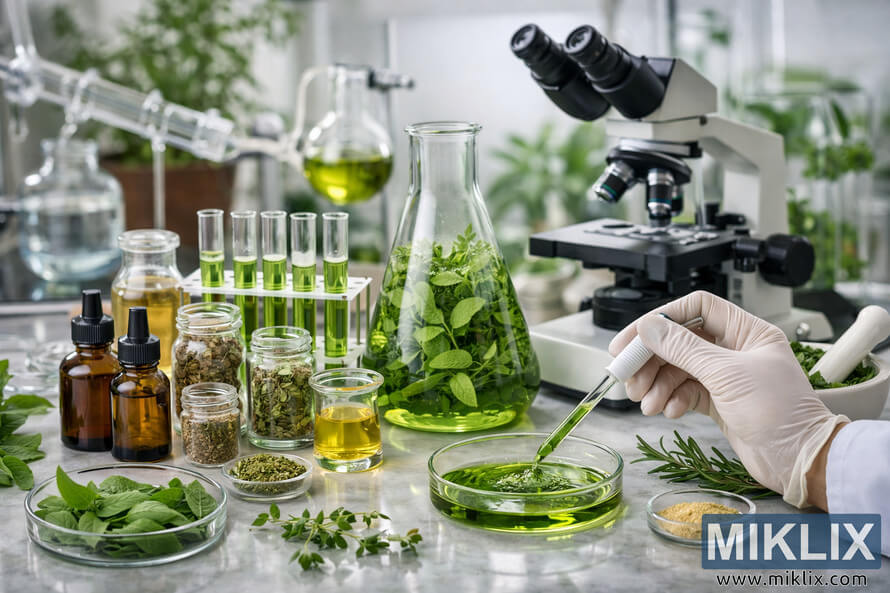 Scientist conducting laboratory research on herbal compounds and natural extracts using glassware, pipettes, and plant samples.