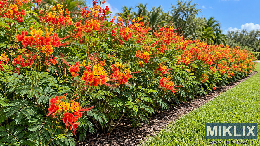 Dense flowering hedge with vivid red, orange and yellow blooms beside a mulched bed and green lawn under a bright blue sky. Dense flowering hedge with vivid red, orange and yellow blooms beside a mulched bed and green lawn under a bright blue sky.