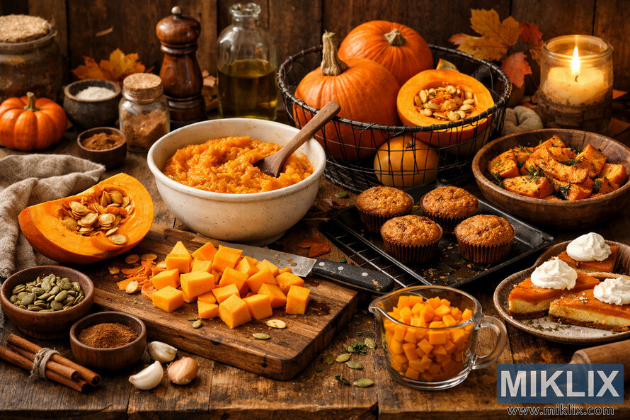 A rustic kitchen counter filled with pumpkins being prepared in various ways, including chopped cubes, puree, roasted slices, muffins, and pie slices, all illuminated by warm autumn light.
