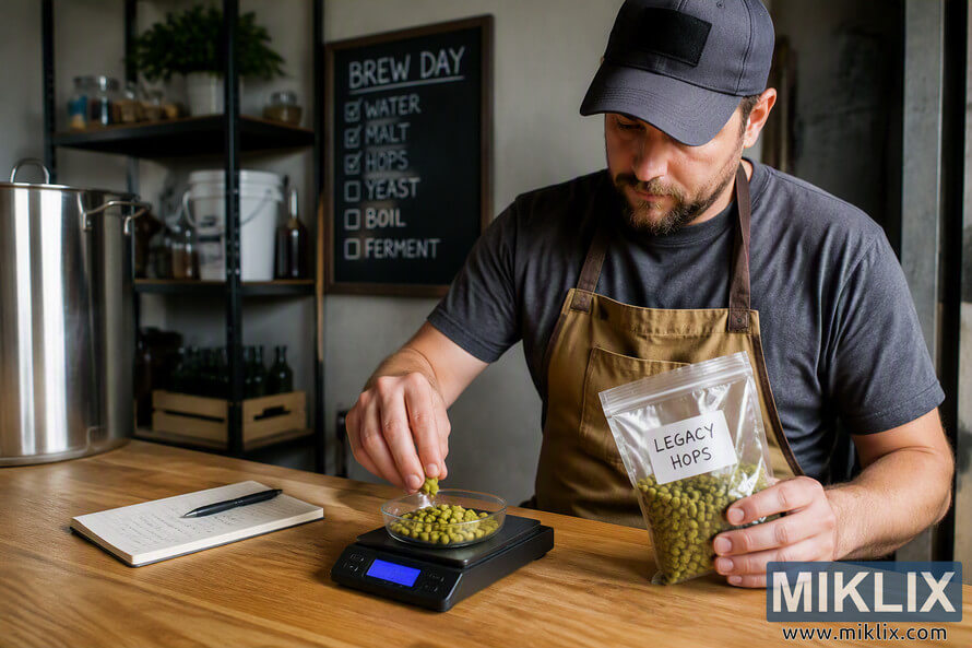 Landscape photo of a homebrewer preparing for a brewing session by measuring Legacy hops on a digital scale at a wooden workbench. A resealable bag labeled Legacy Hops is held above the scale while brewing equipment, shelving, bottles, buckets, and a brew day checklist appear in the background. Landscape photo of a homebrewer preparing for a brewing session by measuring Legacy hops on a digital scale at a wooden workbench. A resealable bag labeled Legacy Hops is held above the scale while brewing equipment, shelving, bottles, buckets, and a brew day checklist appear in the background.