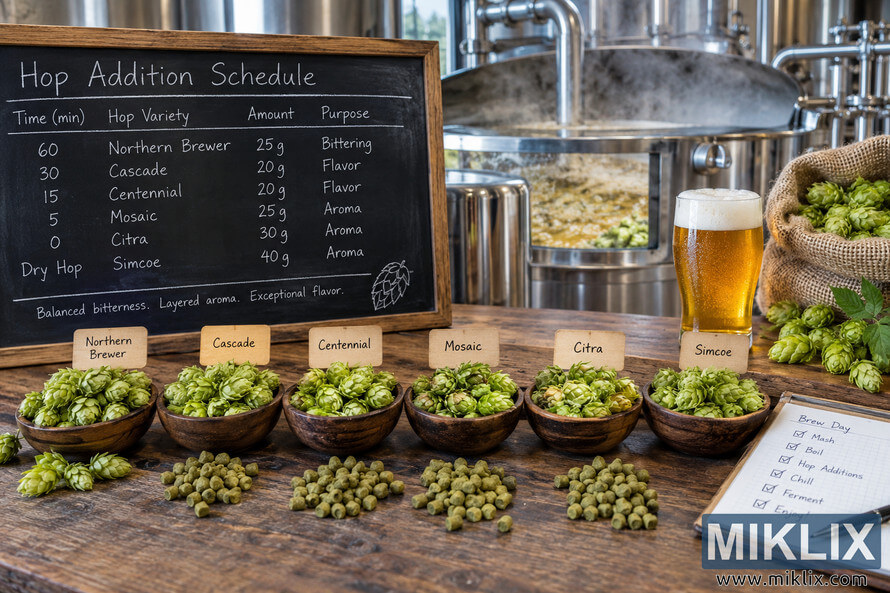 Wide craft brewery scene with a chalkboard hop addition schedule, labeled bowls of Northern Brewer, Cascade, Centennial, Mosaic, Citra and Simcoe hops, hop pellets, brewing equipment, a brew-day checklist and a glass of golden beer.