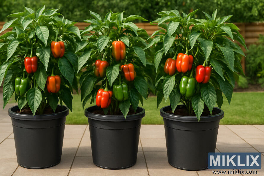 Bell pepper plants with ripe red and green peppers growing in large containers on a sunny patio.