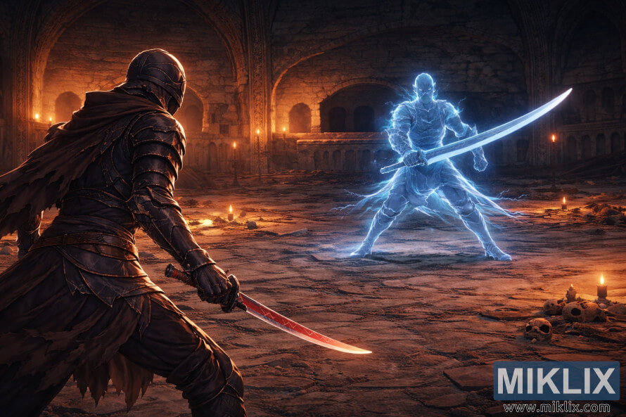 Wide anime-style scene showing the Tarnished on the left, viewed from behind, facing a ghostly blue knight with a glowing great katana inside the Eastern Nameless Mausoleum. Wide anime-style scene showing the Tarnished on the left, viewed from behind, facing a ghostly blue knight with a glowing great katana inside the Eastern Nameless Mausoleum.