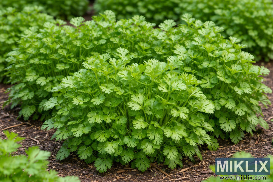 Photo haute rÃ©solution de coriandres Calypso compactes avec des feuilles denses et vert vif poussant dans un parterre bien entretenu.