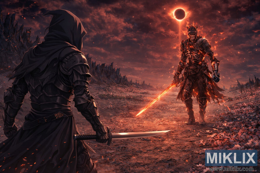 Brynjaður stríðsmaður í anime-stíl með sverði stendur frammi fyrir logandi, bráðnum riddara undir brennandi sólmyrkva á eyðilegum vígvelli.