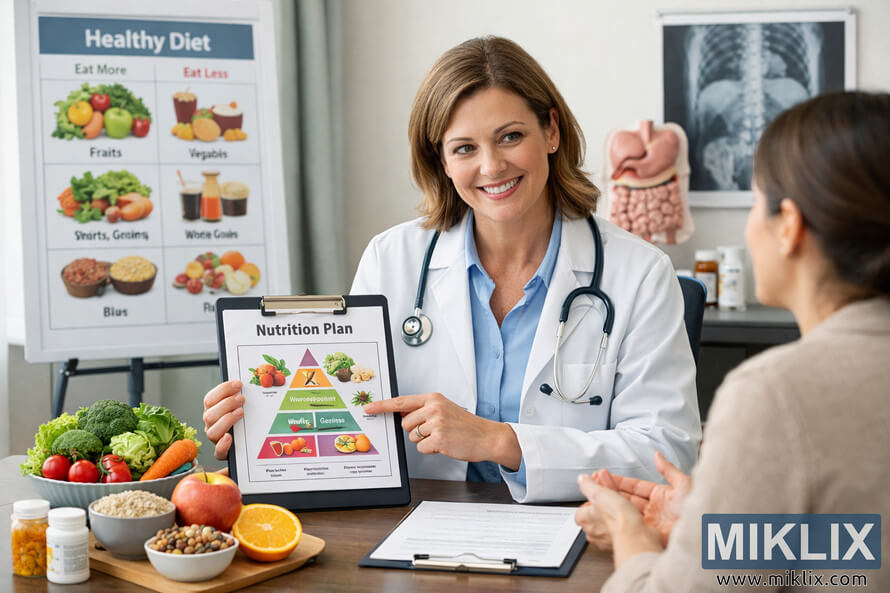 Doctor discussing nutrition plan with patient during medical consultation, surrounded by healthy food items and educational posters.