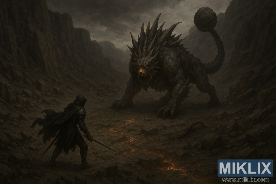 Isometrische Dark-Fantasy-Szene: Ein Befleckter konfrontiert das ausgewachsene Fallingstar-Biest in den felsigen Vulkanklippen des Berges Gelmir.