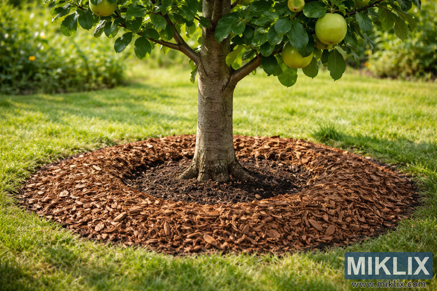 Landscape photo of a quince tree with a wide ring of wood chip mulch correctly applied around the base, keeping mulch away from the trunk and root flare visible.