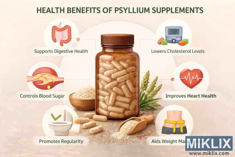 InfografÃ­a ilustrada que muestra una botella de cÃ¡psulas de psyllium con Ã­conos que explican los beneficios digestivos, cardÃ­acos, de colesterol, de azÃºcar en sangre, regularidad y control de peso.