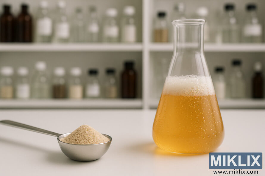 LugÃ« matÃ«se me granula majaje tÃ« thata pranÃ« shishes me lÃ«ng tÃ« artÃ« me flluska nÃ« banakun e laboratorit.