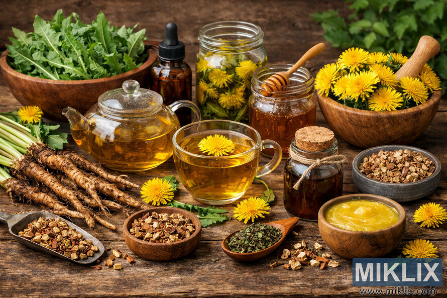 A high-resolution landscape photo showing various dandelion preparation methods with leaves, roots, flowers, tea, oil, honey, and salve arranged on a rustic wooden table. A high-resolution landscape photo showing various dandelion preparation methods with leaves, roots, flowers, tea, oil, honey, and salve arranged on a rustic wooden table.