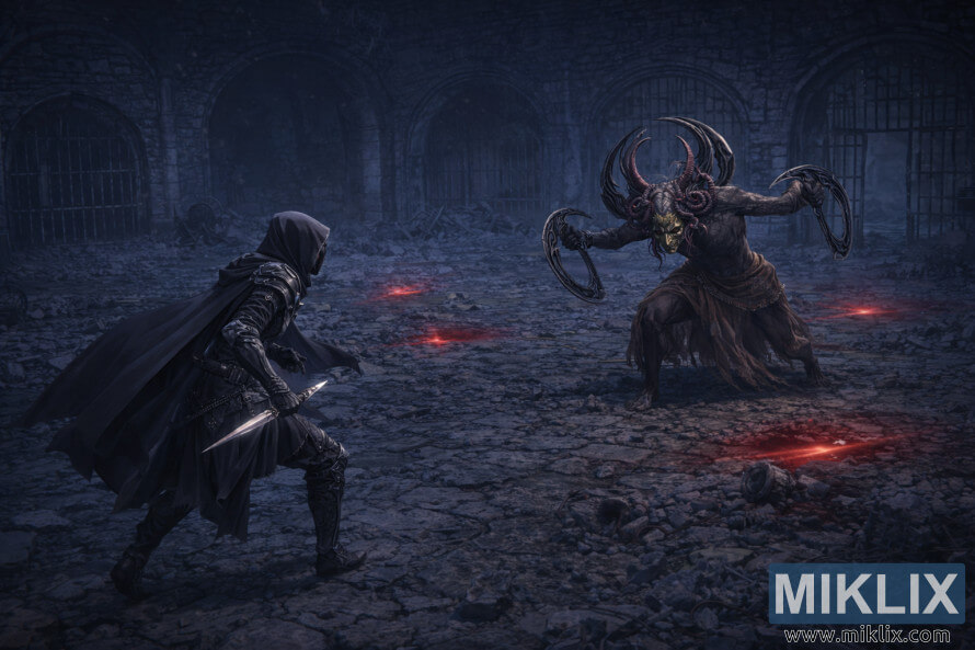 Wide anime style scene of the Tarnished in Black Knife armor cautiously facing Curseblade Labirith inside the gloomy Bonny Gaol dungeon.