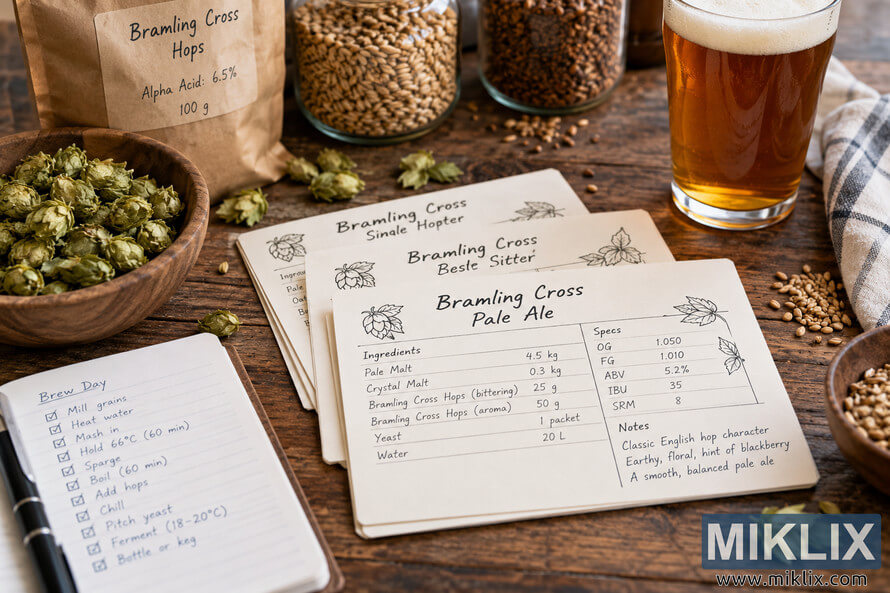 Landscape homebrewing still life with Bramling Cross Pale Ale, IPA and Best Bitter recipe cards, dried hop cones, malted grains, fermentation equipment and an unbranded glass of amber beer on a rustic wooden table. Landscape homebrewing still life with Bramling Cross Pale Ale, IPA and Best Bitter recipe cards, dried hop cones, malted grains, fermentation equipment and an unbranded glass of amber beer on a rustic wooden table.