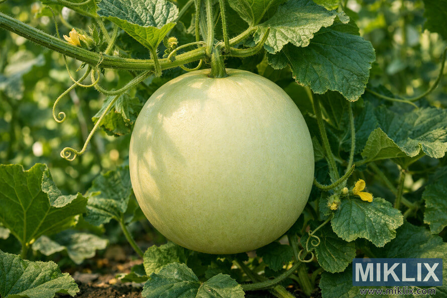 A ripe honeydew melon hanging from a vine surrounded by lush green leaves in a garden.