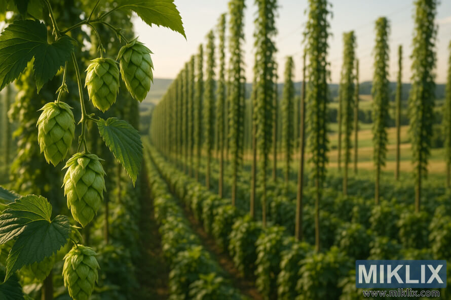 Sunlit hop cones and leaves in a lush Hallertau field with rows of bines climbing trellises against rolling hills.