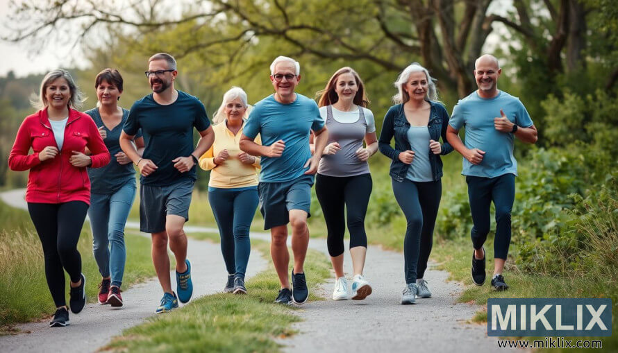 Group of eight people jogging together on a tree-lined path in a park surrounded by greenery.