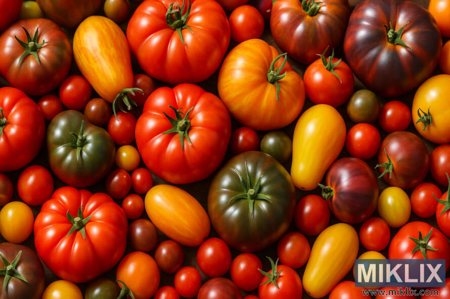 Má»t loáº¡i cÃ  chua heirloom Äáº§y mÃ u sáº¯c vá»i nhiá»u hÃ¬nh dáº¡ng vÃ  kÃ­ch cá»¡ khÃ¡c nhau ÄÆ°á»£c xáº¿p gáº§n nhau.