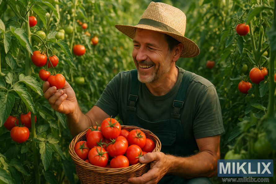 NgÆ°á»i lÃ m vÆ°á»n má»m cÆ°á»i khi thu hoáº¡ch nhá»¯ng quáº£ cÃ  chua chÃ­n tá»« nhá»¯ng cÃ¢y xanh khá»e máº¡nh.