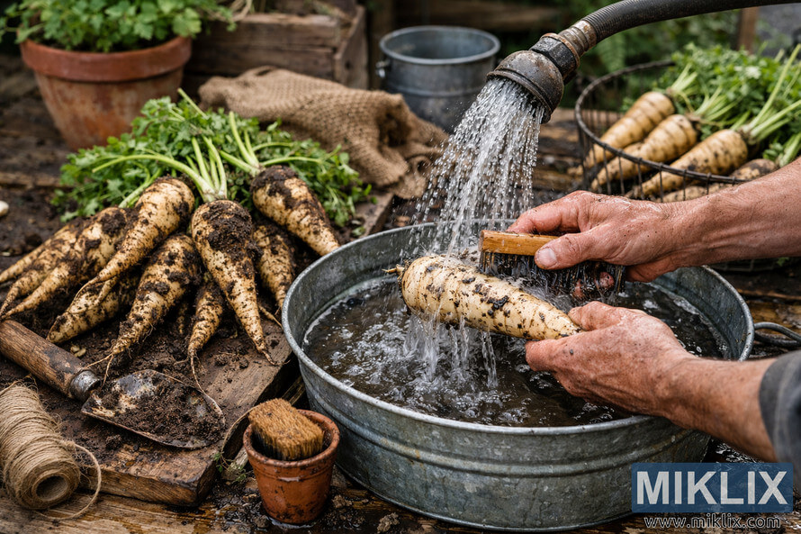 Freshly harvested parsnips being scrubbed clean with a brush under running water at a rustic garden workbench.