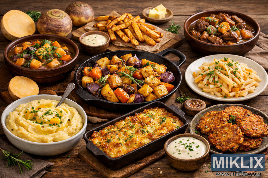 An assortment of rutabaga dishes displayed on a rustic wooden table, including mashed rutabaga, gratin, roasted vegetables, fries, slaw, fritters, and stews. An assortment of rutabaga dishes displayed on a rustic wooden table, including mashed rutabaga, gratin, roasted vegetables, fries, slaw, fritters, and stews.