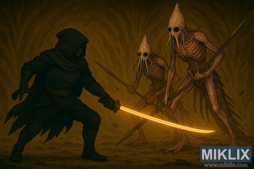 Arte de fan de Elden Ring al estilo anime de los Tarnished luchando contra dos VÃ¡stagos de la Podredumbre en una caverna.