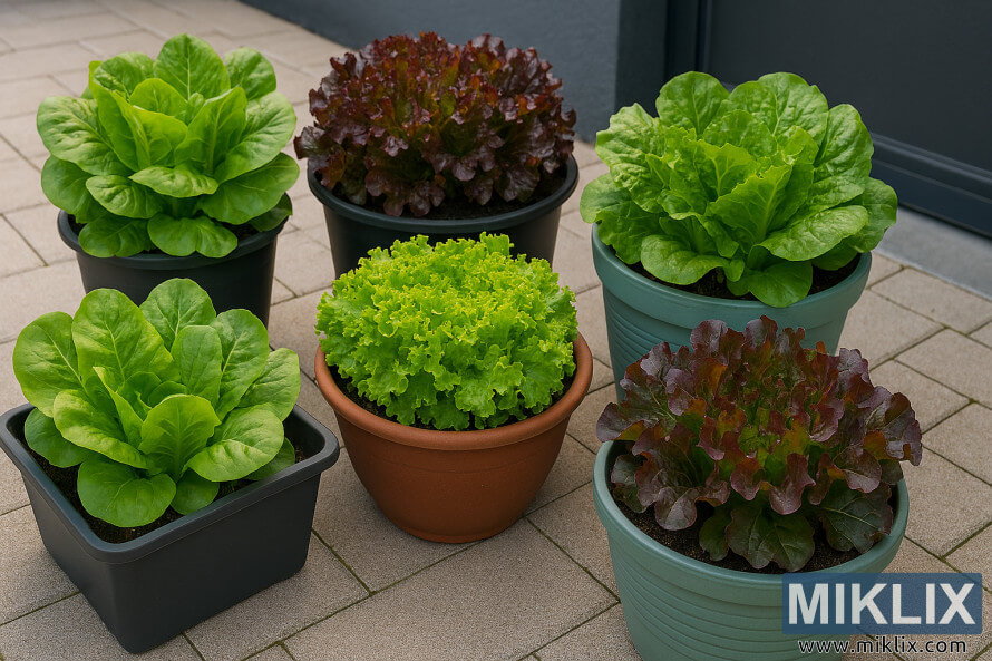 Various lettuce types growing in containers on a patio