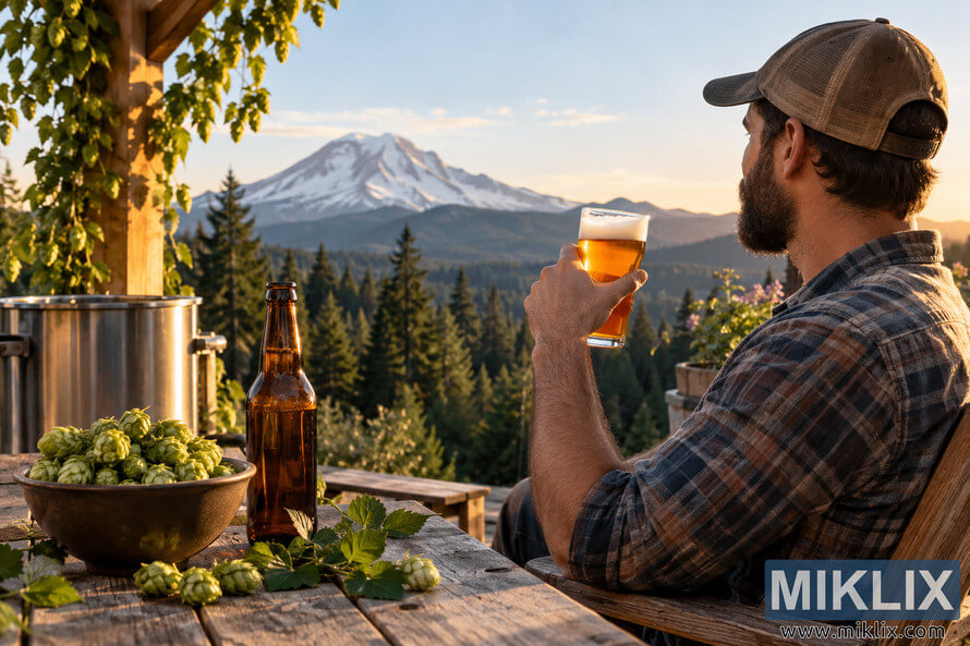 Homebrewer in a plaid shirt relaxing on a rustic wooden deck with a glass of amber beer, fresh green hops, an unlabeled bottle, and brewing equipment overlooking a snow-covered mountain and evergreen forest at sunset. Homebrewer in a plaid shirt relaxing on a rustic wooden deck with a glass of amber beer, fresh green hops, an unlabeled bottle, and brewing equipment overlooking a snow-covered mountain and evergreen forest at sunset.