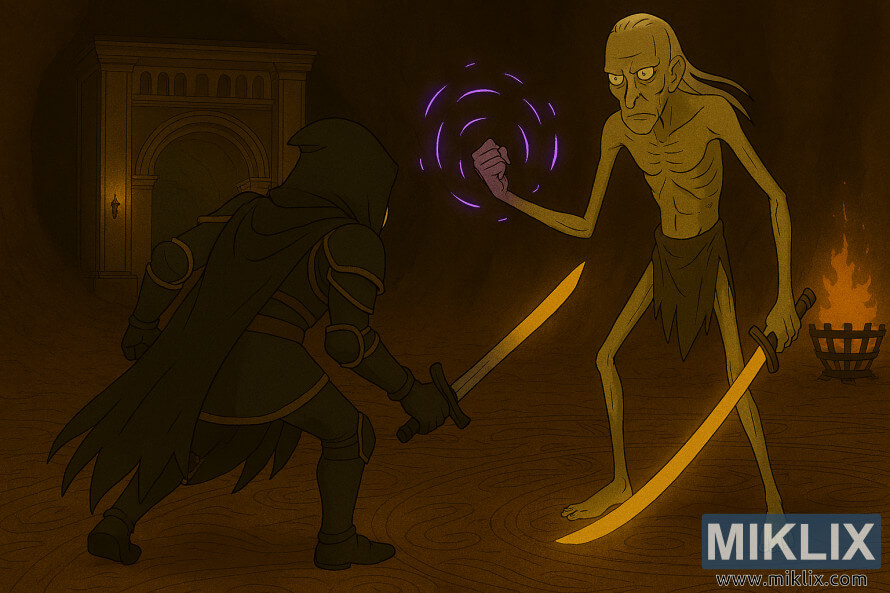 Anime-style fan art of the Tarnished in Black Knife armor battling a towering Onyx Lord in Elden Ring's Sealed Tunnel Anime-style fan art of the Tarnished in Black Knife armor battling a towering Onyx Lord in Elden Ring's Sealed Tunnel