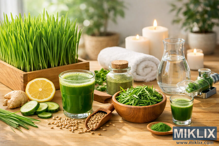 A serene wellness scene featuring wheatgrass juice, fresh wheatgrass, lemon, cucumber, ginger, candles, and natural health items arranged on a wooden surface in sunlight. A serene wellness scene featuring wheatgrass juice, fresh wheatgrass, lemon, cucumber, ginger, candles, and natural health items arranged on a wooden surface in sunlight.