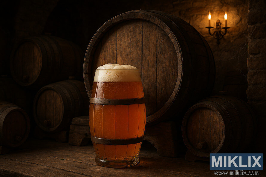 En pint bÃ¤rnstensfÃ¤rgad Ã¶l pÃ¥ ett rustikt bord med Ã¥ldrande trÃ¤fat i varmt ljus.