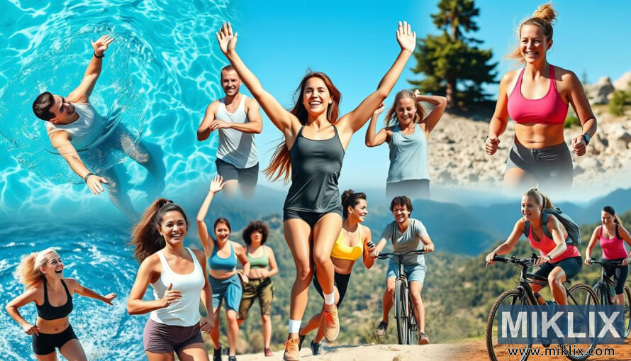 Collage of people swimming, running, cycling, and exercising outdoors in vibrant, scenic settings.