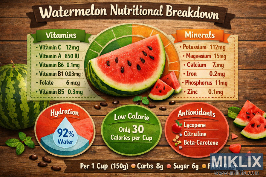 Infographic showing watermelon nutrients including vitamins, minerals, hydration, low calorie, and antioxidant details on a wooden background. Infographic showing watermelon nutrients including vitamins, minerals, hydration, low calorie, and antioxidant details on a wooden background.