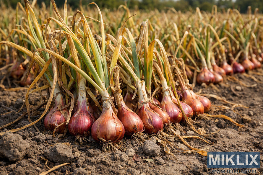 Mature shallots growing in soil with yellowing foliage, indicating they are ready to be harvested in a cultivated field.
